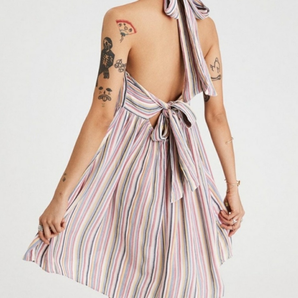 AEO PLUNGING STRIPED HALTER SWING SUNDRESS…